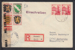 RASTATT 1 / 23.6.47, Ebf. mit 1, 3, 12 und 20 Pf. Wappen sowie Paar ...
