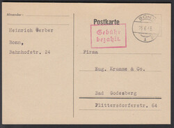 BONN 1 / 25.6.45, phil. Karte ohne Text nach Bad Godesberg mit rotem ...