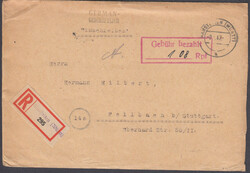 MARSTETTEN (WÜRTT) / 9.4.47, großer roter R2 'Gebühr bezahlt / ...