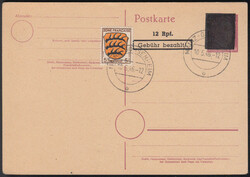 OPD Neustadt, '12 Rpf. Gebühr bezahlt' auf GA 6 Pf. Hitler mit PLZ- ...