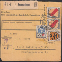 EMMENDINGEN / 24.2.47, Paketkarte mit 5, 15 und 2 x 30 Pf. ...