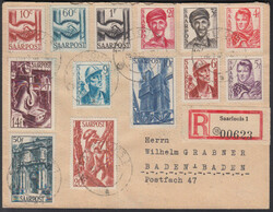 Saar III, alle 13 Werte als Satzbrief per Einschreiben ab SAARLOUIS / ...