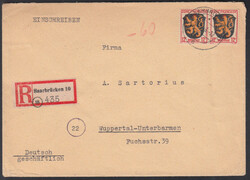 SAARBRÜCKEN 10 / 10.5.46, Ebf. mit 2 x 12 Pf. Wappen als Briefporto ...