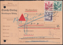 REUTLINGEN 1 / 7.11.49, Nachnahme-Drucksachenkarte mit 4, 10 und 20 ...