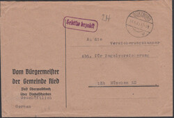 GÜNZBURG / a / 14.8.45, alter Steg-K1 mit viol. R1 'Gebühr bezahlt' ...