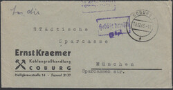 COBURG 1 / 13.12.45, zwei violette R1 'Gebühr bezahlt' und violetter ...