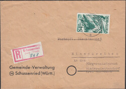 Schussenried / (14b) (Württ), roter Not-R-Zettel auf weißem Zettel ...