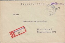 WALDMÜNCHEN / 27.10.45, viol. apt. L1 'gebühr bezahlt' und hschr. ...