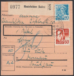 RHEINFELDEN (BADEN) / 5.5.48, Paketkarte mit 20 und 60 Pf. 1. ...