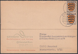 5 Pf. Wappen, senkr. Paar auf Orts-Firmenkarte NEUWIED / 20.5.47 (Mi. ...