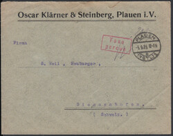 PLAUEN (VOGTL.) 1 / 5.9.23, viol. R2 'Taxe percue' und hschr. '200' ...