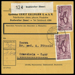 45 Fr. Saar IV, zwei Werte vorderseitig auf Inlands-Paketkarte ...
