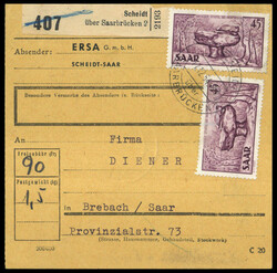 45 Fr. Saar IV, zwei Werte vorderseitig auf Inlands-Paketkarte ...
