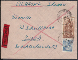 SINZIG (RHEIN) / 20.5.48, privater Auslands-Eilbrief mit 50 Pf. und 1 ...