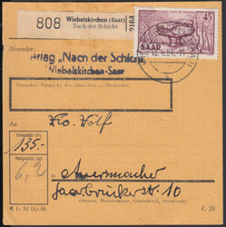 45 Fr. Saar IV, ein Wert vorder- sowie senkr. Paar rückseitig auf ...