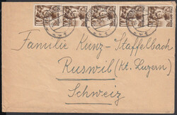 10 Pf. 2. Ausgabe, senkr. Fünferstreifen auf Auslandsbrief ab ...