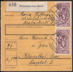 45 Fr. Saar IV, zwei Werte vorderseitig auf Inlands-Paketkarte ...