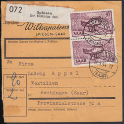 45 Fr. Saar IV, senkr. Paar vorderseitig auf Inlands-Paketkarte ...