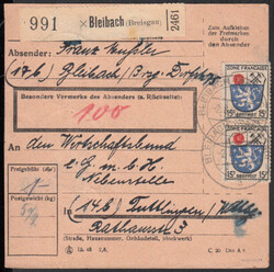 BLEIBACH (BREISGAU) / 2.8.46, Paketkarte mit vs. 2 x 15 Pf. sowie rs. ...
