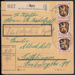 HORN / über RADOLFZELL (BODENSEE) / 28.9.46; Paketkarte mit vs. ...