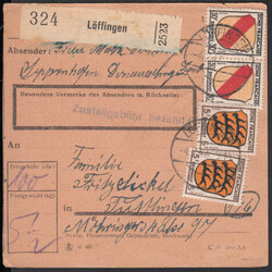 LÖFFINGEN / 4.2.47, Steg-K1 auf Paketkarte mit 2 x 5 und 2 x 30 Pf. ...
