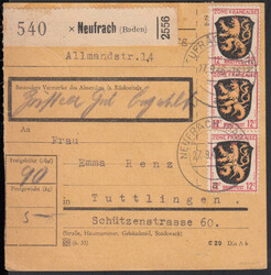 NEUFRACH (BADEN) / 27.9.46, Paketkarte mit vs. senkr. Dreierstreifen ...