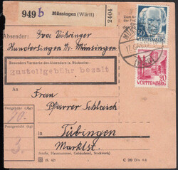 MÜNSINGEN (Württ) / 17.6.49, Paketkarte mit bezahlter ...