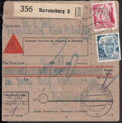 (14b) RAVENSBURG 2 / b / 30.10.48, großer K2 auf NN-Paketkarte mit ...