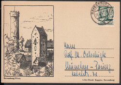 RAVENSBURG / 26.8.47, 12 Pf. auf Postkarte mit Bild 'Mehlsack und ...