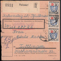 PFULLENDORF / 19.2.47, Paketkarte mit vs. 3 x 15 Pf. sowie rs. 2 x 5 ...