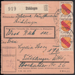 STÜHLINGEN / 15.1.47, Paketkarte mit vs. 3 x 8 Pf. sowie rs. 2 x 5 ...