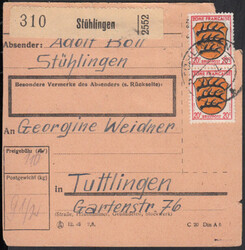 STÜHLINGEN / 10.2.47, Paketkarte mit vs. 2 x 20 sowie rs. 2 x 5 und ...