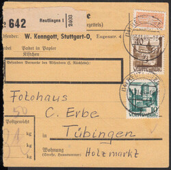 40 Pf. III. Ausgabe mit 10 Pf. und WoBau auf Paketkarte REUTLINGEN 1 ...
