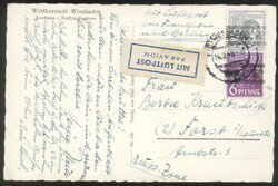 6 und 12 Pf. Bandaufdruck auf Lupo-AK WIESBADEN 1 / 14.8.48 in die ...