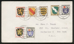 10 Pf. Wappen mit 6 weiteren Werten (total 77 Pf.) auf Auslandsbrief ...