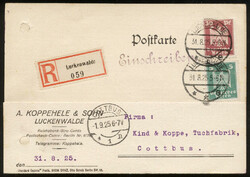 5 und 30 Pf. Adler auf eingeschriebener Postkarte LUCKENWALDE / 31.8 ...