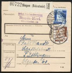 SINGEN (HOHENTWIEL) / 19.11.48, Paketkarte mit 20 und 50 Pf. 2. ...