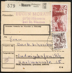 HÄUSERN (Schwarzwald) / 3.1.49, Paketkarte mit 6 und 84 DPf. 2. ...