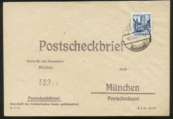 LINDAU 1 / 10.3.48, gelber Postscheckbrief nach München mit 10 Pf. 1 ...