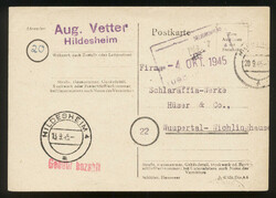 HILDESHEIM 4 / 13.9.45, Ausgabestempel und roter L1 'Gebühr bezahlt' ...