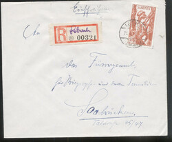 20 Fr. Ausgabe 1948 einzeln auf portor. Ebf. LEBACH / 21.4.48 mit ...