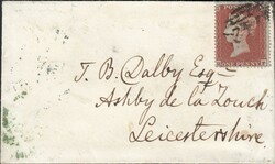1855 MAIL STAMFORD TO ASHBY DE LA ZOUCH WITH 1D PL.193 (SG17)(RF). ...