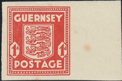 1941 1D GUERNSEY ARMS IMPERFORATE MARGINAL SINGLE (SG2c). A good ...