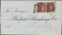 1853 BANKING MAIL BELFAST TO BALLYMONEY WITH 1D PL.156 (SG8) PAIR TE ...