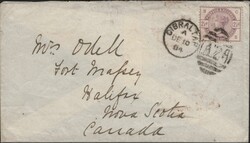 1884 MAIL GIBRALTAR TO NOVA SCOTIA, CANADA WITH 2½D LILAC (SG190). ...