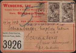             1933 PARCEL POST TAG FROM STOKE ON TRENT TO GERMANY WITH ...