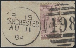 1883 2D LILAC (SG189) BISECT FINE USED ON PIECE. Piece, 42 x 26, with ...