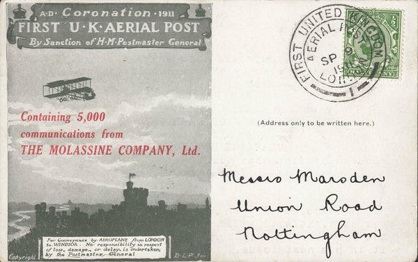 1911 FIRST OFFICIAL U.K. AERIAL POST/"MOLASSINE COMPANY LTD" ...
