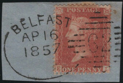 1857 MAIL BELFAST TO BALLYMONEY DIE 2 1D PL.48 RED-ORANGE (SPEC C9(2) ...