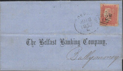 1857 MAIL DERRY TO BALLYMONEY WITH DIE 2 1D PL.37 (SPEC C9A(2) ...